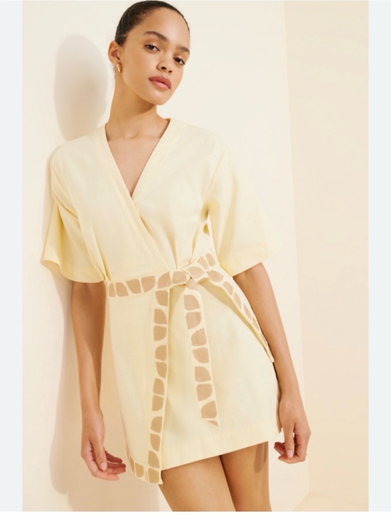 Mon Renn Dresses & Skirts - Acacia Mini Dress Wrap Mini Dress in Pale Yellow with Contrasting Trim